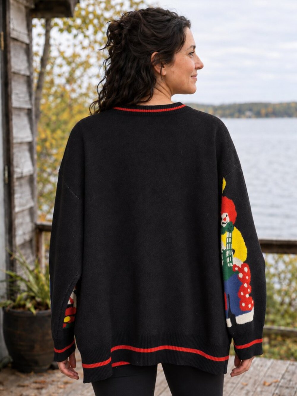 Clown Cardigan Sweater Size L Black Circus Novelty Oversized Retro Clowncore Art - Picture 3 of 14